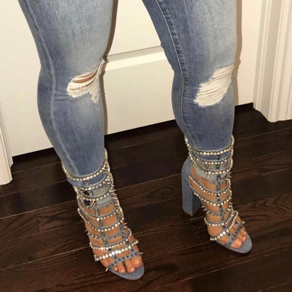 Iamjenniferle Denim Razor Chunky Heels 39 size 8